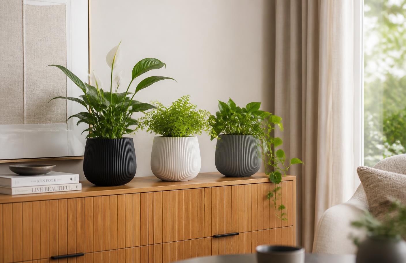 Vasos FUZ3D em preto, branco e cinza decorando um ambiente claro