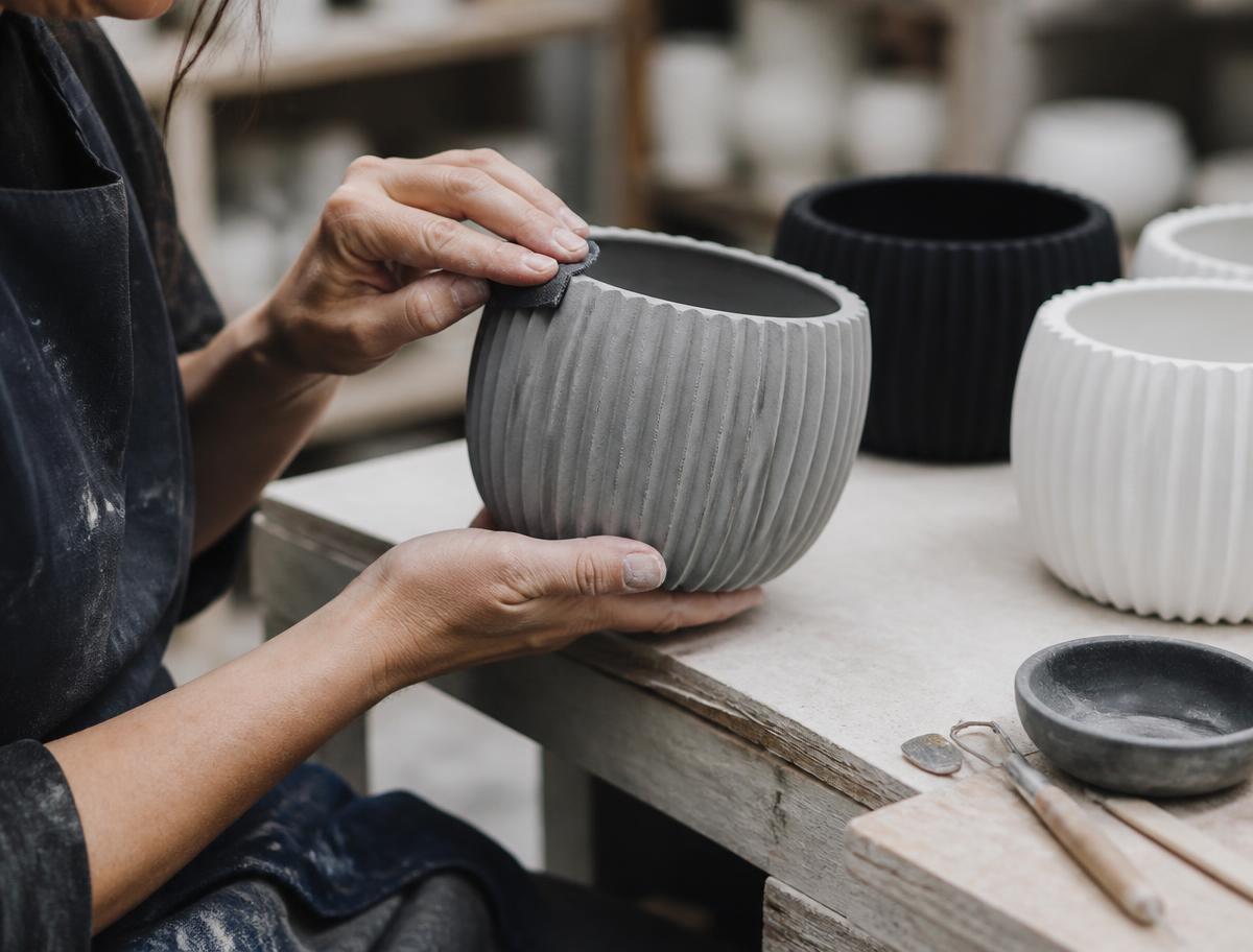 Mãos finalizando um vaso ondulado FUZ3D em uma bancada de ateliê