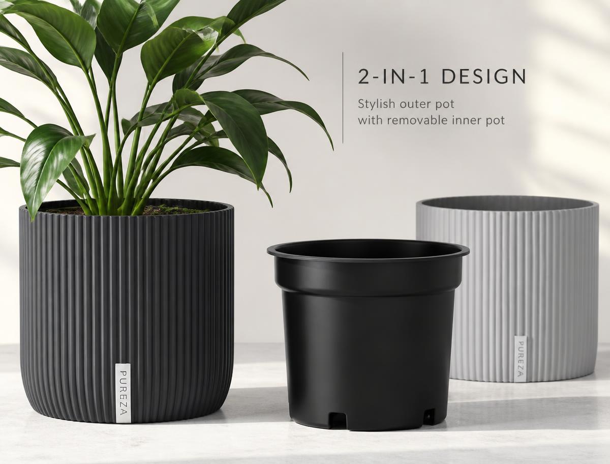 Vaso FUZ3D com acabamento ondulado e o vaso interno removível ao lado